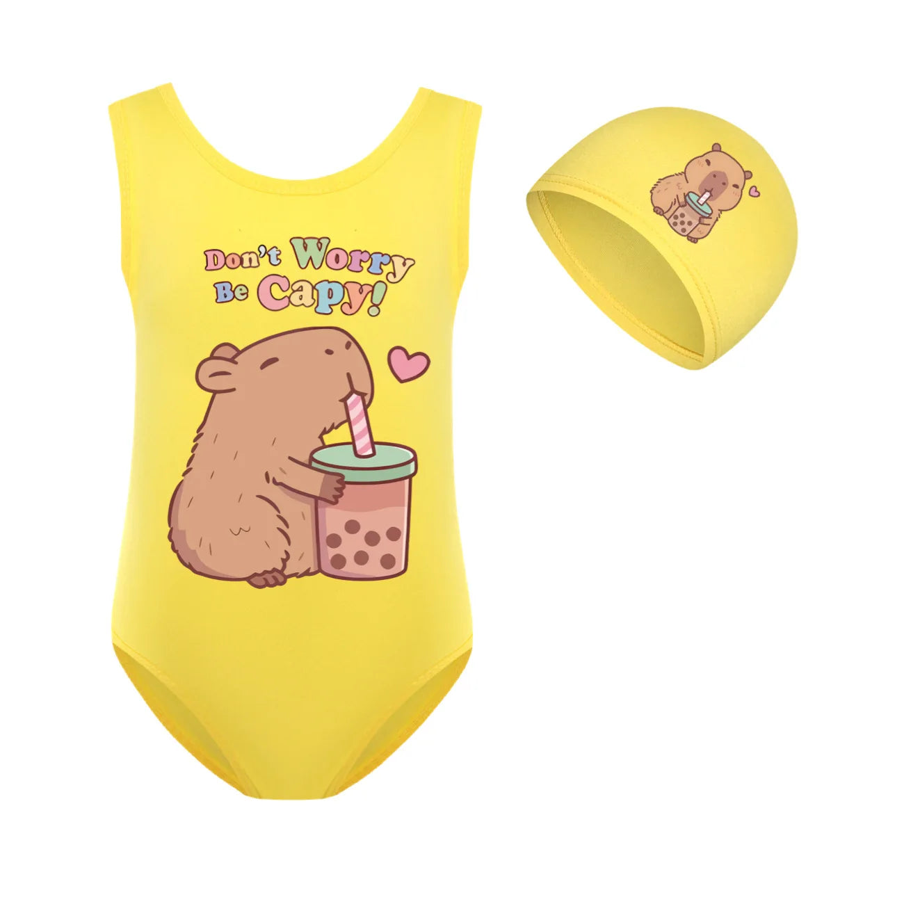 Cute Capybara Loves Bubble Tea Clothes Kids Summer Swimwear Baby Girls Once Piece Swimsuit & Cap Children Vacation Bikini suits TechVisio