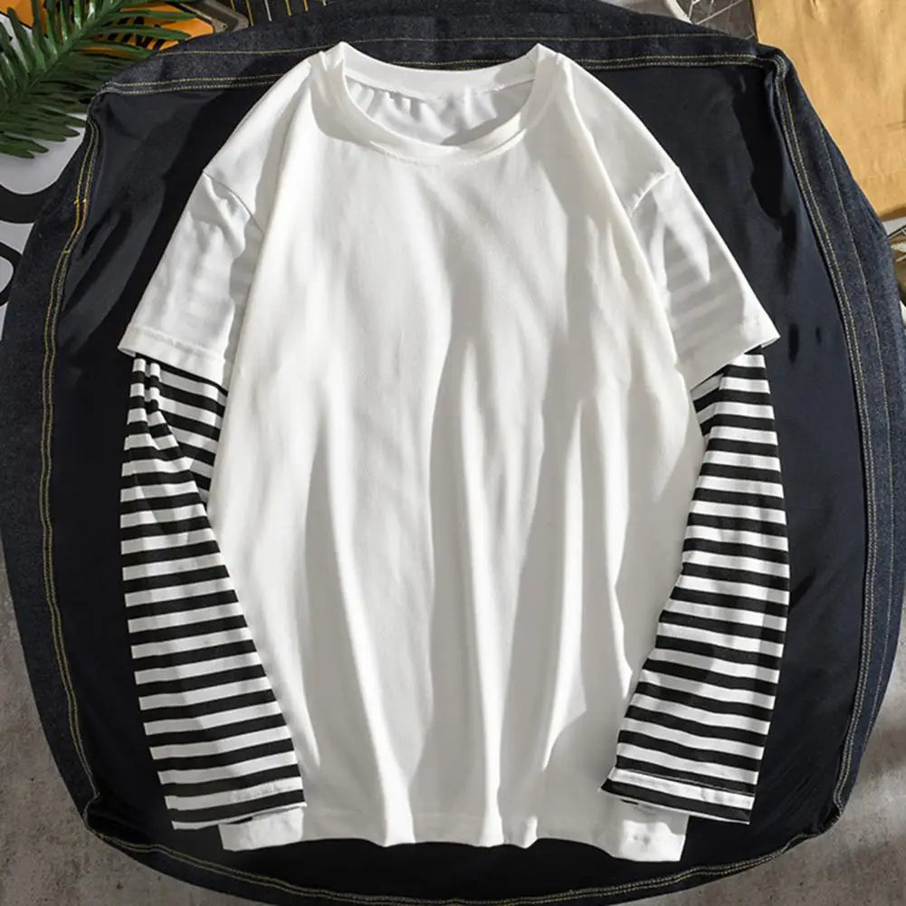 Fake Two Piece Long Sleeve T-shirt Men European And American Round Neck Striped Casual Long Sleeved T-shirt Breathable Men Tee TechVisio