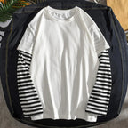 Fake Two Piece Long Sleeve T-shirt Men European And American Round Neck Striped Casual Long Sleeved T-shirt Breathable Men Tee TechVisio