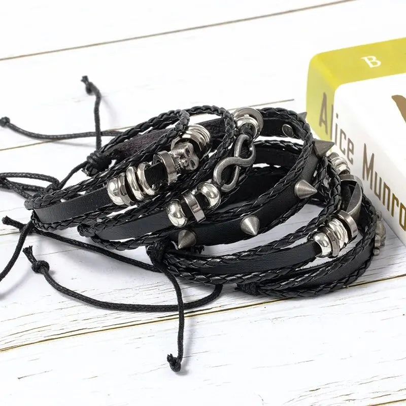 Set 5 Bracelets Punk Cuir Tressés – Style Vintage Unisexe
