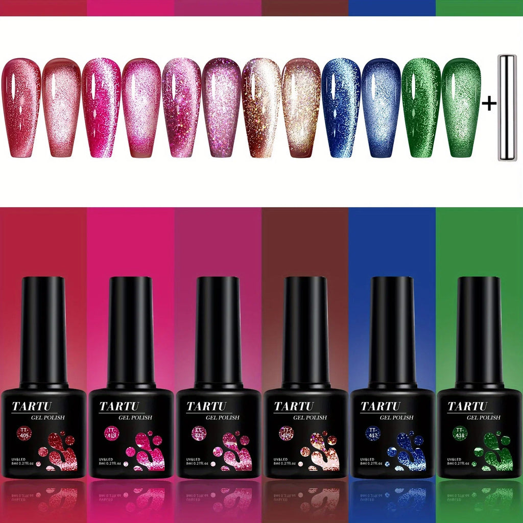 TARTU 6pcs 8ml Cat Eye Gel Nail Polish Set, 6 Colors Gel Polish Kit, Soak Off for Uv/Led, for Salon and Nail Art DIY At Home TechVisio