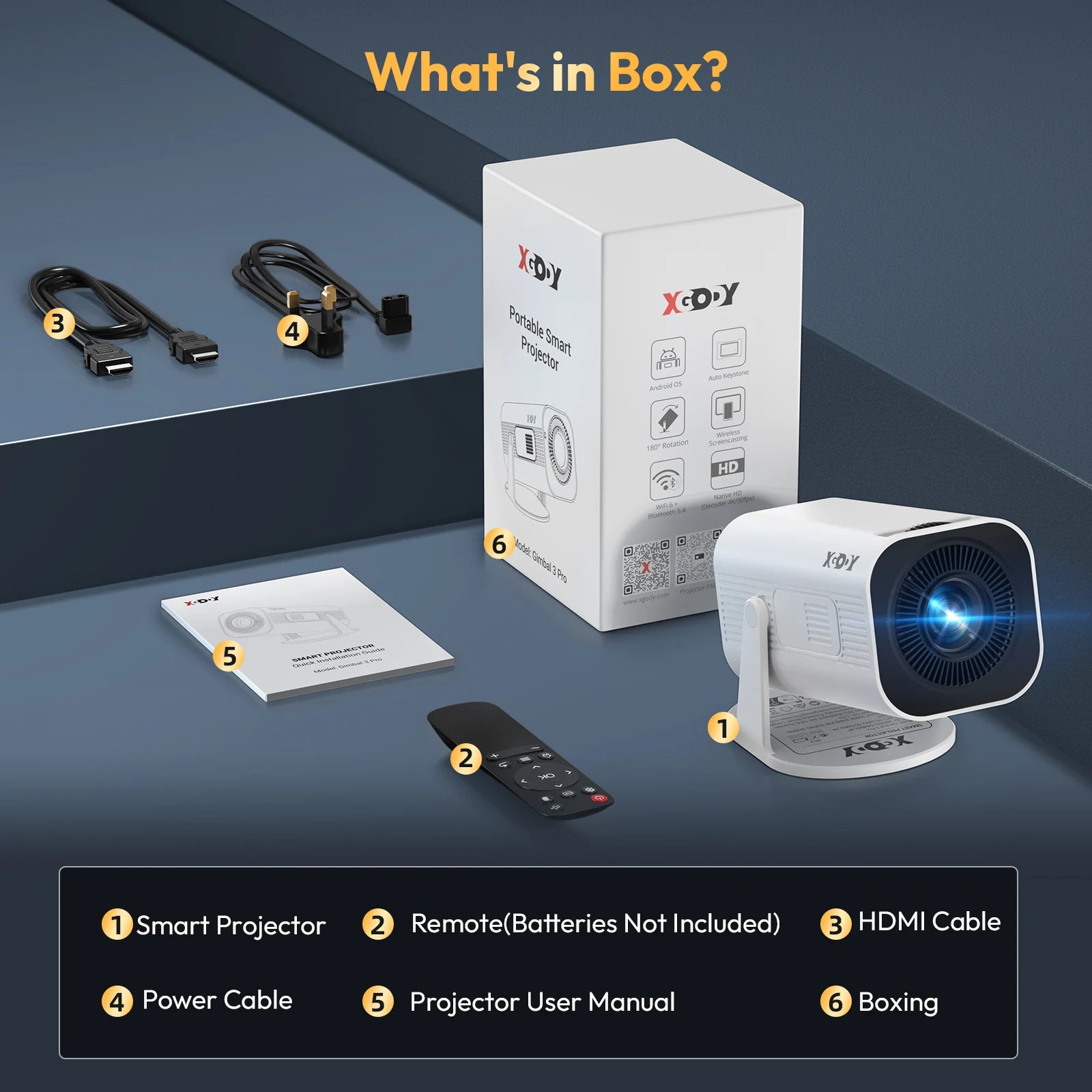 Tragbarer Projektor XGODY Gimbal 3 Pro – 4K | Wi-Fi 6 | 130" | Android 11