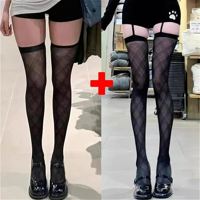 Women Argyle Pattern Suspender Wide-banded Tights Lolita Thigh High Stockings with Garters Y2K JK College Over The Knee Socks TechVisio