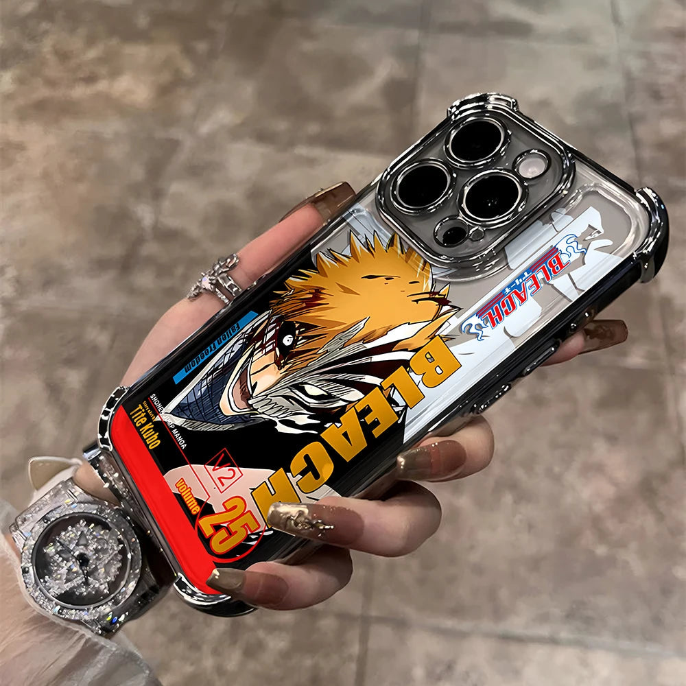 New HotAnime Cool BLEACH Plating Case For iPhone 16 15 14 13 12 11 Pro Max X XR XSMax 7 8 6 Plus Anti-Fall Airabag Back Cover TechVisio