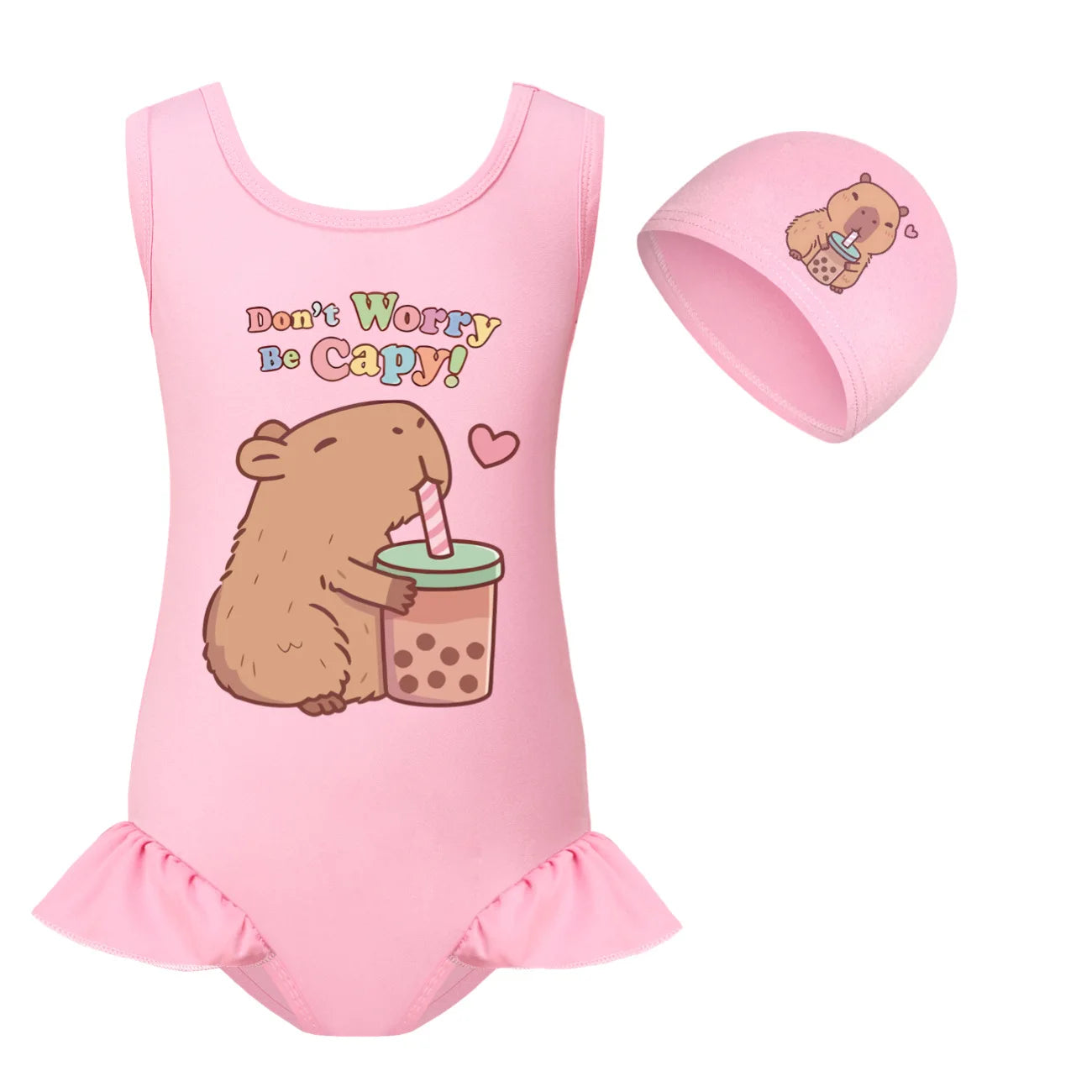 Cute Capybara Loves Bubble Tea Clothes Kids Summer Swimwear Baby Girls Once Piece Swimsuit & Cap Children Vacation Bikini suits TechVisio