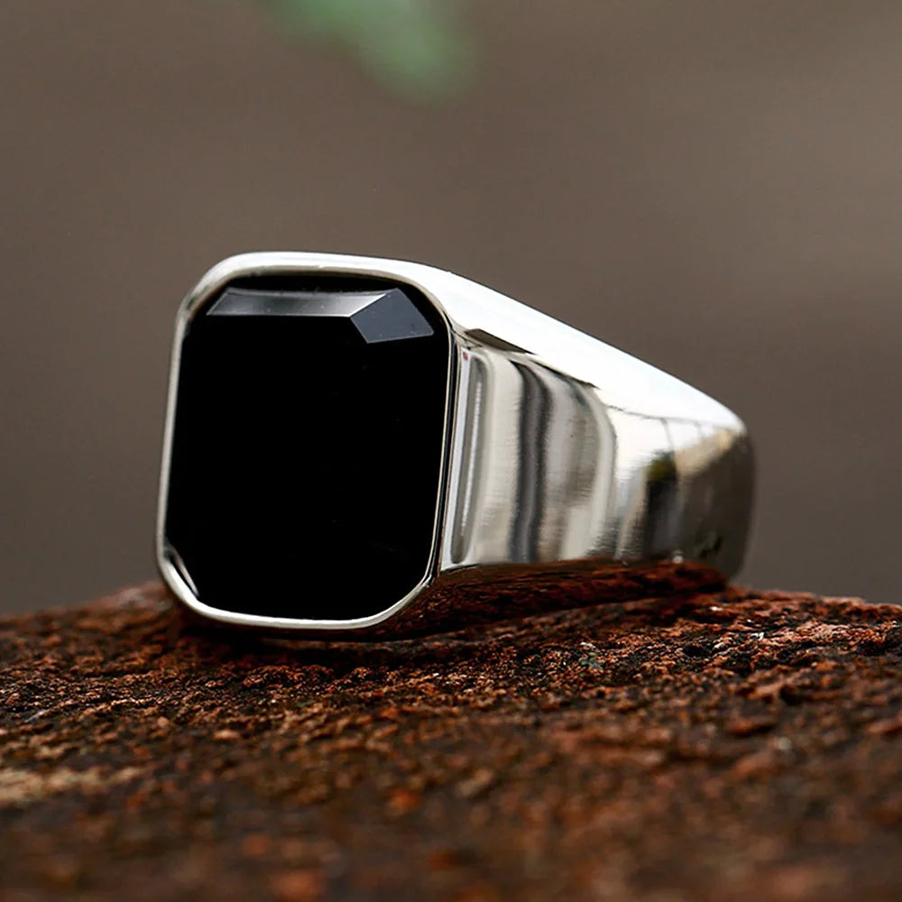 Bague Acier Inoxydable Zircon & Agate Noire – Unisexe