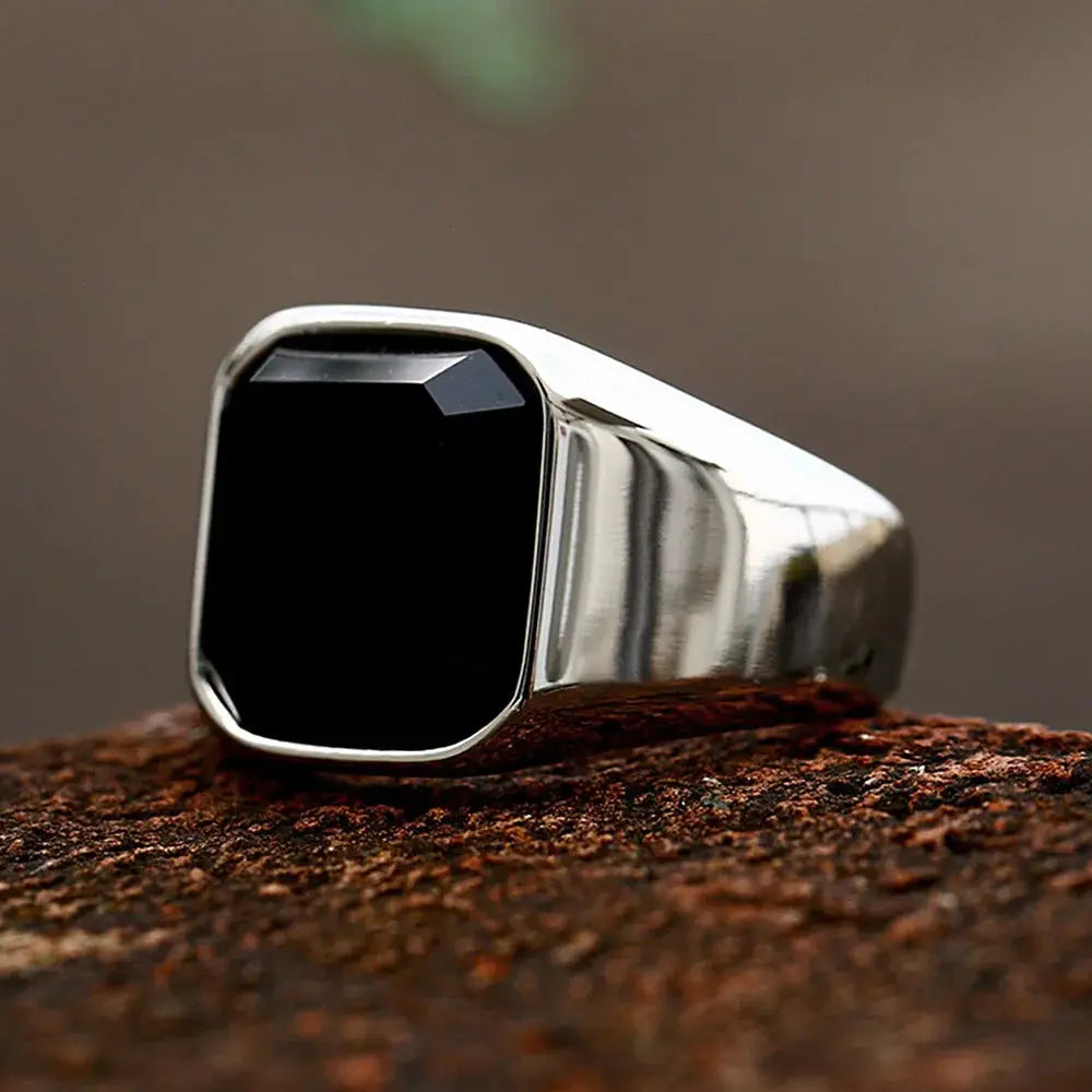 Bague Acier Inoxydable Zircon & Agate Noire NORTHMAN