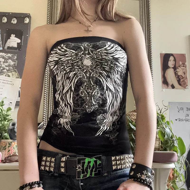 Gothic Print Black Strapless Tube Top Women Skinny Cropped Summer Casual Chic Graphic Tee Y2K Streetwear Basic Vest TechVisio