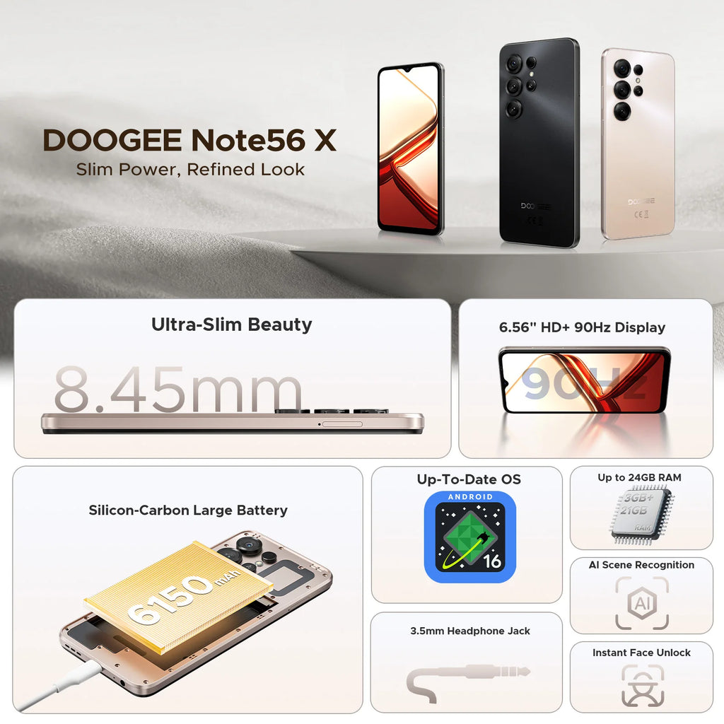 DOOGEE Note56 X – Android Smartphone 16 | IP68 | 6150mAh | 24GB RAM | 4G