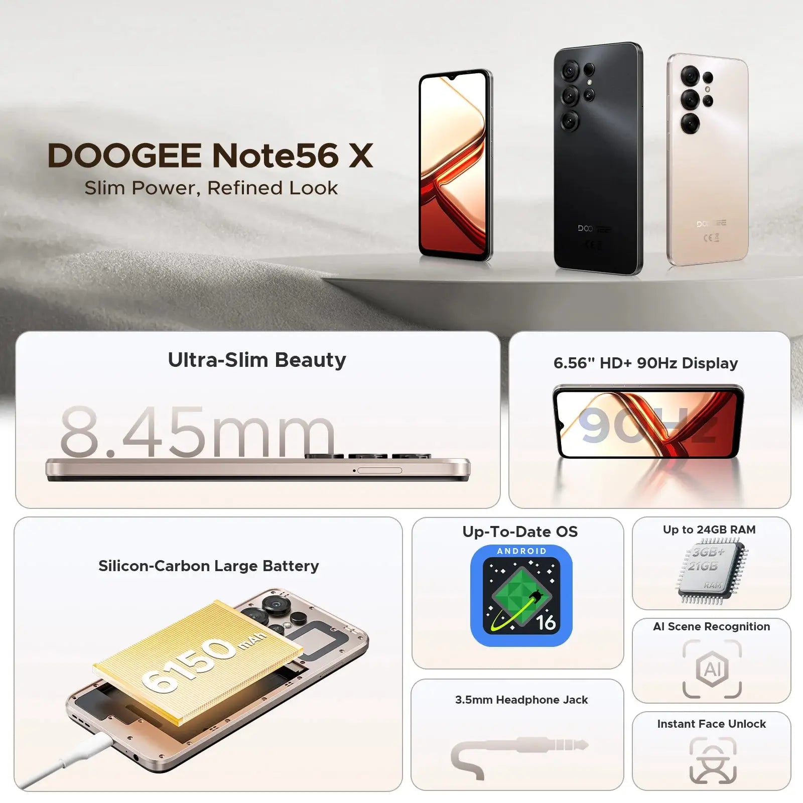 DOOGEE Note56 X – Smartphone Android 16 | IP68 | 6150mAh | 24Go RAM | 4G TechVisio