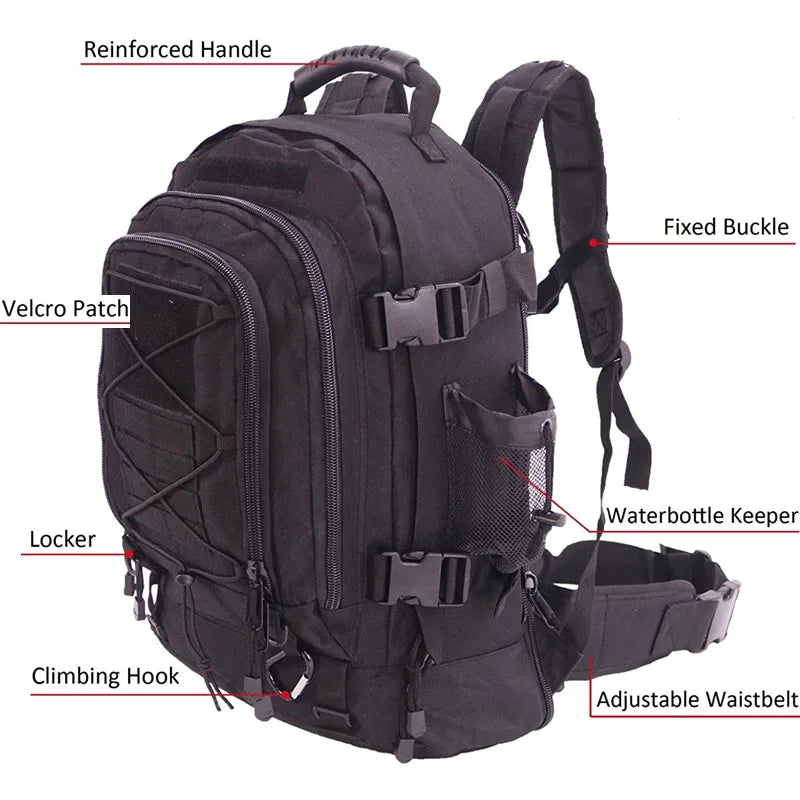 60L Military Tactical Backpack Army Molle Assault Rucksack Outdoor Travel Hiking Rucksacks Camping Hunting mochila hombre TechVisio