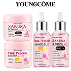 4-Piece Day & Night Skincare Set: Pink Peptide Vitamin C Day Cream + Sakura Retinol Night Cream & Essence for Hydration, Firmnes TechVisio