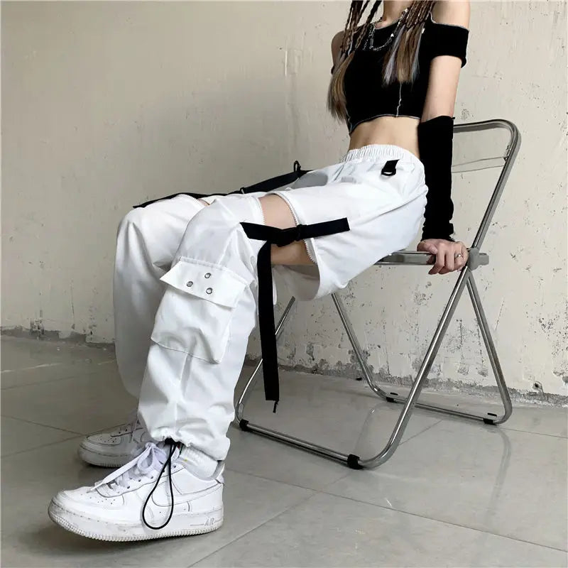 Streetwear Spring Summer Cargo Pants Women Harajuku Slim Punk Ribbons Joggers Elastic Waist Ankle-Length Trousers For Girls TechVisio