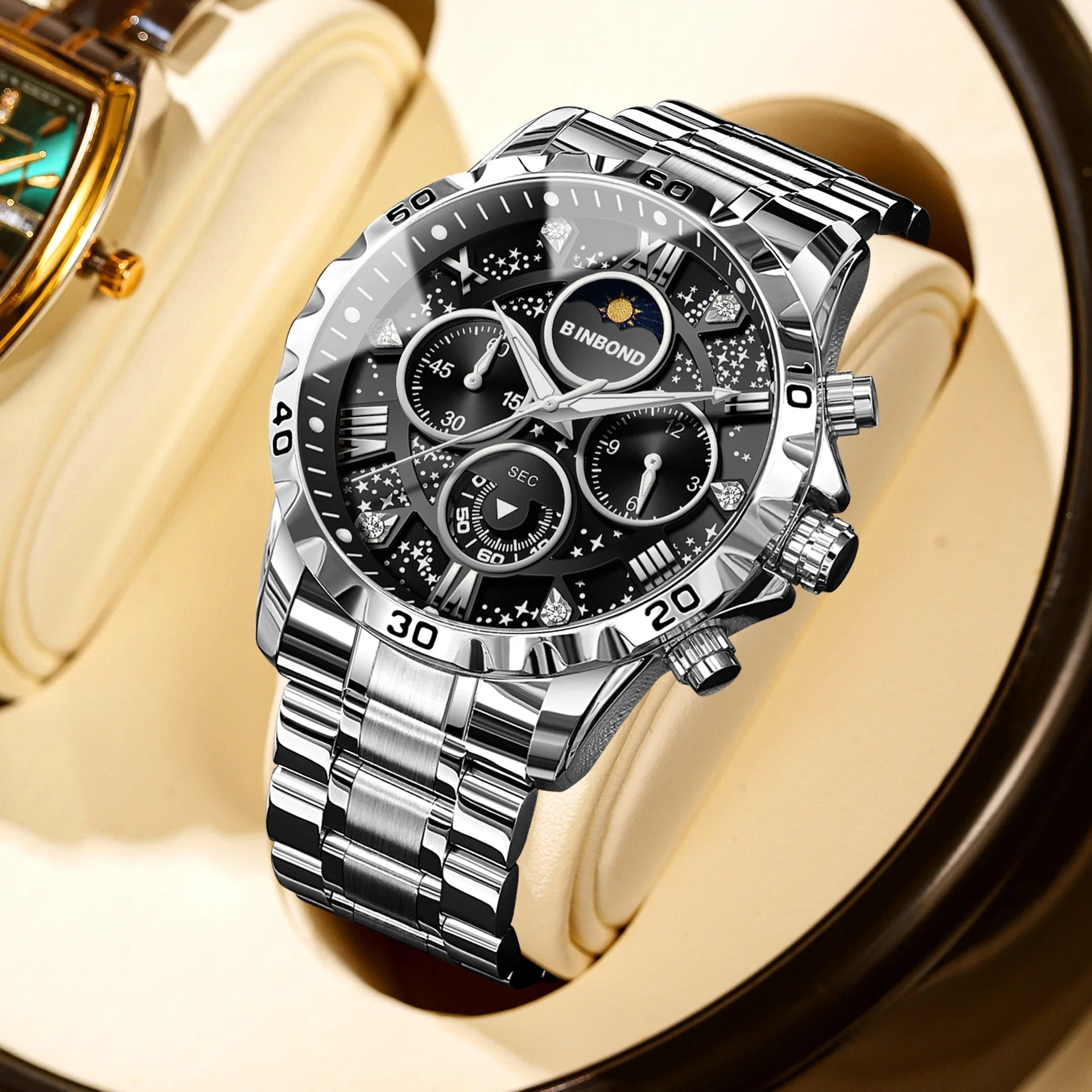 2026 Men Watch Light Luxury Business Steel Belt Moonphase Starry Night Light Waterproof Men's Fashion Quartz Clock Watches Gift TechVisio