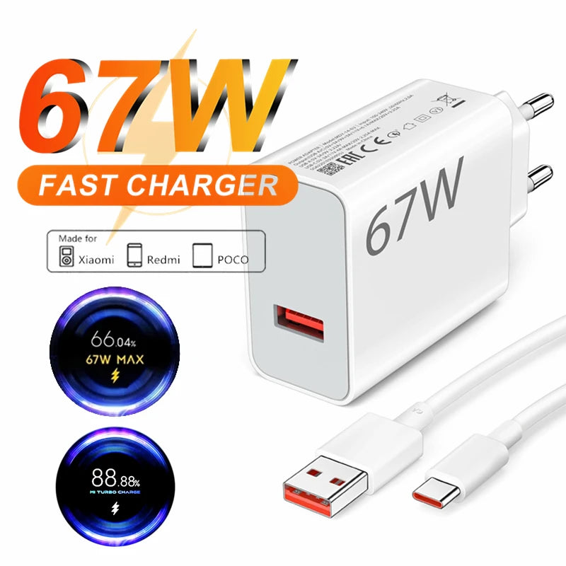 67W 6A Turbo Fast USB Charger For Xiaomi 12 13 14 15 17 Pro Redmi Note 11 12 13 14 Pro POCO X5 X6 X7 Type C Quick Charging Cable TechVisio