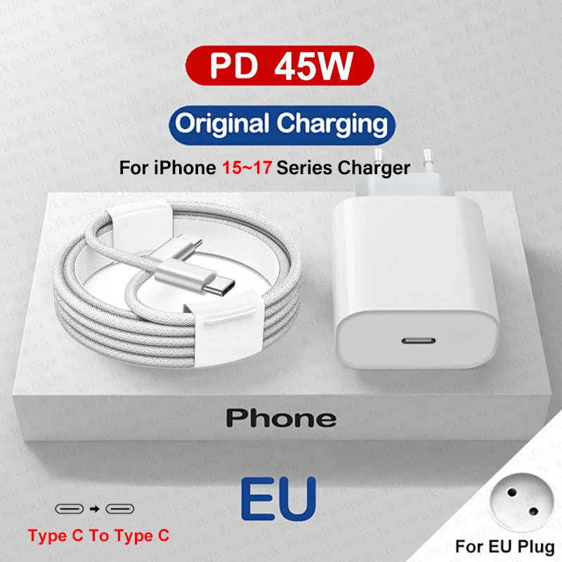 Câble & Chargeur USB-C Rapide 45W – Compatible iPhone 17→11, Samsung, Xiaomi | GaN PD QC
