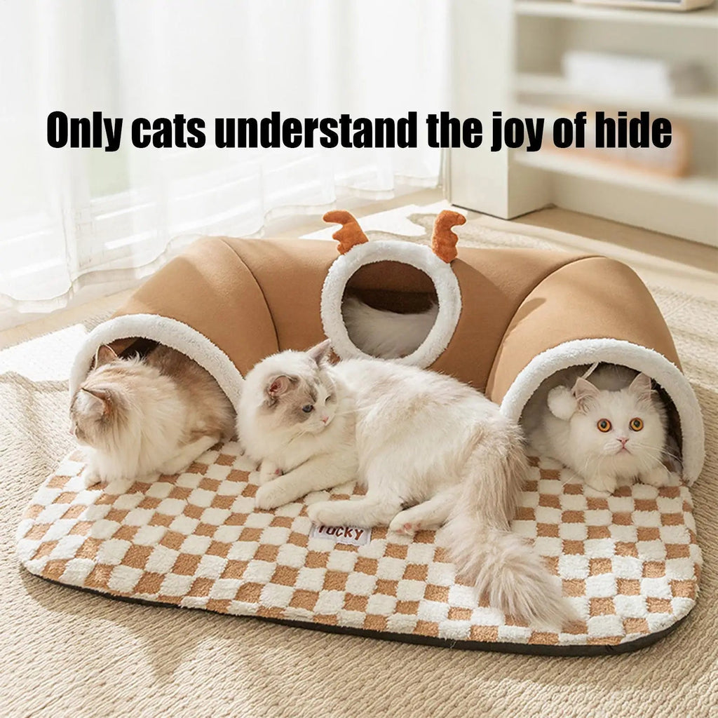 Cat Bed and Play Tunnel Warm House Tent with Plush Mat Indoor Hideaway Corner Shelter Foldable Pet Furniture for Kittens Cats TechVisio