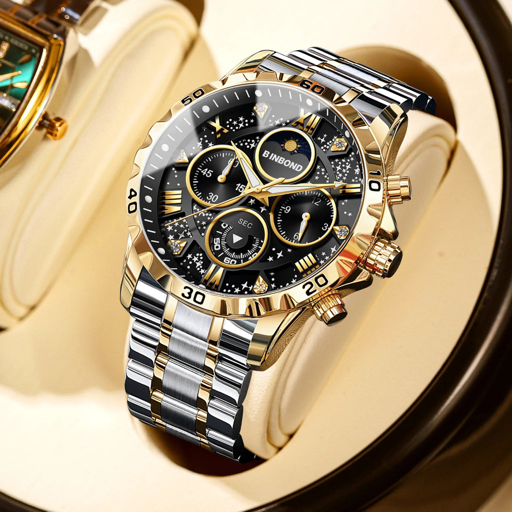 2026 Men Watch Light Luxury Business Steel Belt Moonphase Starry Night Light Waterproof Men's Fashion Quartz Clock Watches Gift TechVisio