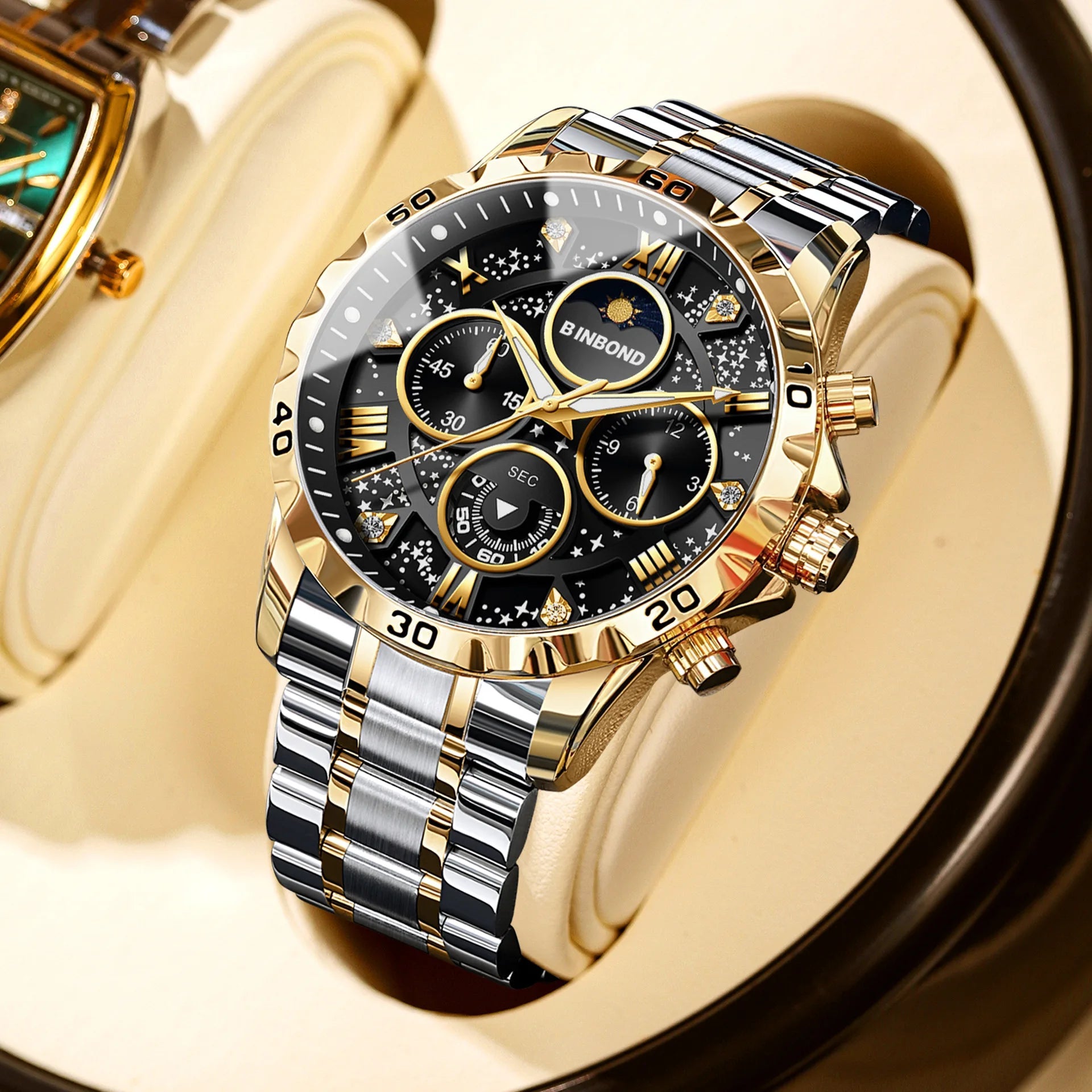 2026 Men Watch Light Luxury Business Steel Belt Moonphase Starry Night Light Waterproof Men's Fashion Quartz Clock Watches Gift TechVisio