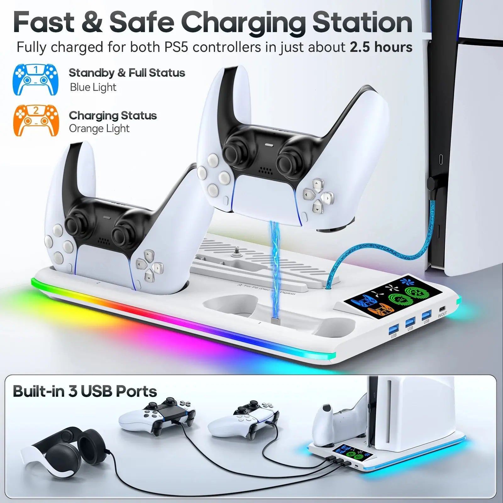 Support PS5/PS5 Slim/PS5 Pro RGB – Ventilateur 3 Niveaux, Station de Charge Manettes, Hub USB TechVisio