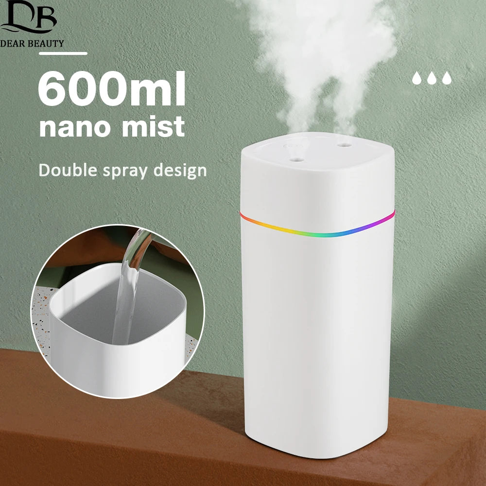 Humidificateur Double Buse 600ml – LED, Aromathérapie, 6-12h, USB