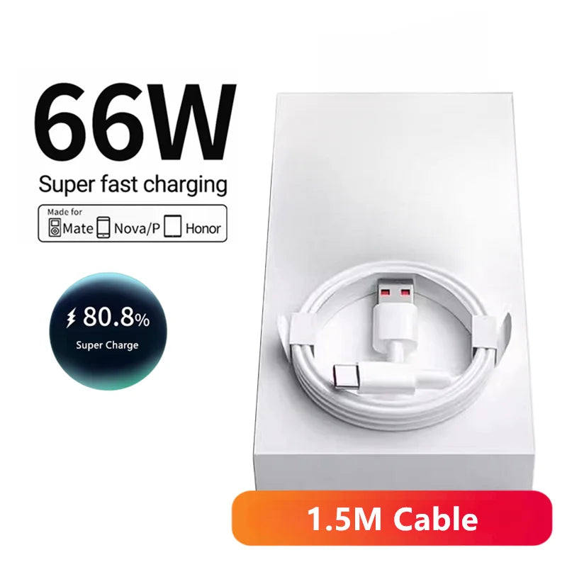6A 66W Super Fast EU Wall Charger For Huawei Mate 40 50 60 P50 Nova 8 9 10 Honor 90 100 X7 X8 X9 Magic Type C Charging USB Cable TechVisio