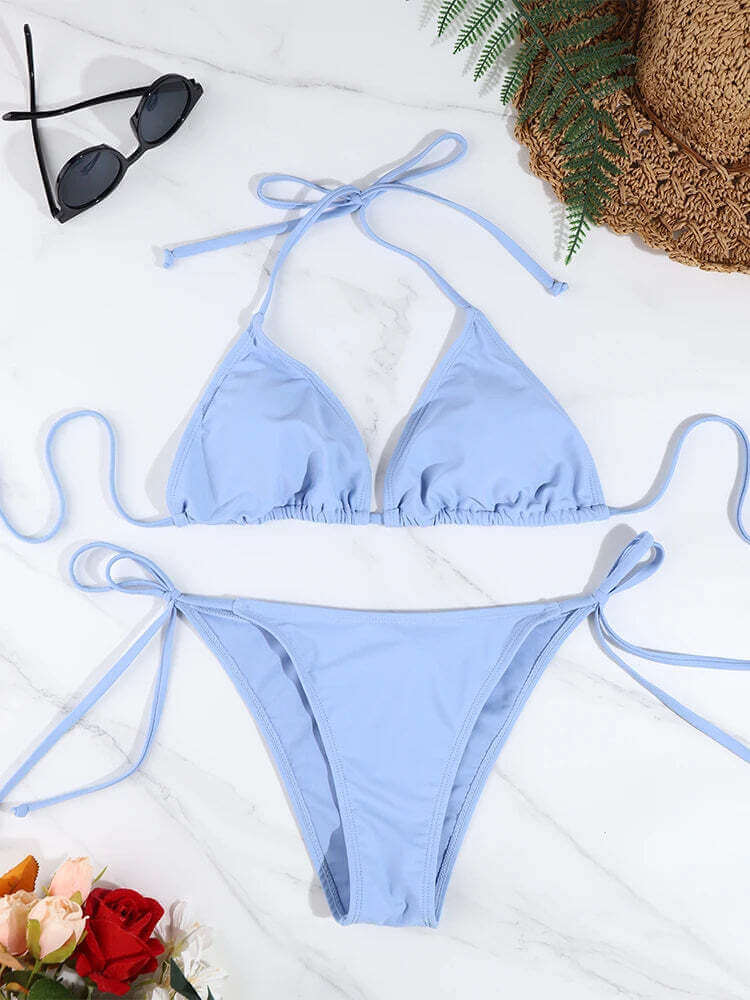 2 Pc Sexy Women Thong Solid Color Bikini Set Side Halter Tie Swimsuit Ladies Split Strap Adjustable Brazilian Swimwear Beachwear TechVisio