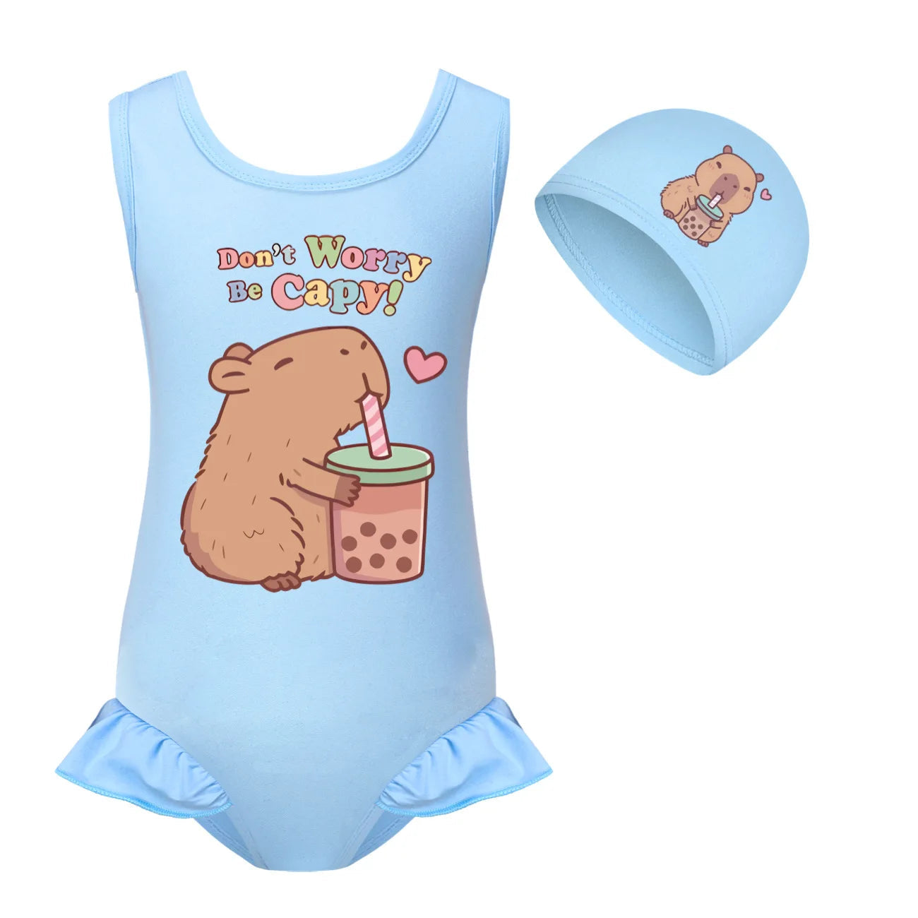 Cute Capybara Loves Bubble Tea Clothes Kids Summer Swimwear Baby Girls Once Piece Swimsuit & Cap Children Vacation Bikini suits TechVisio