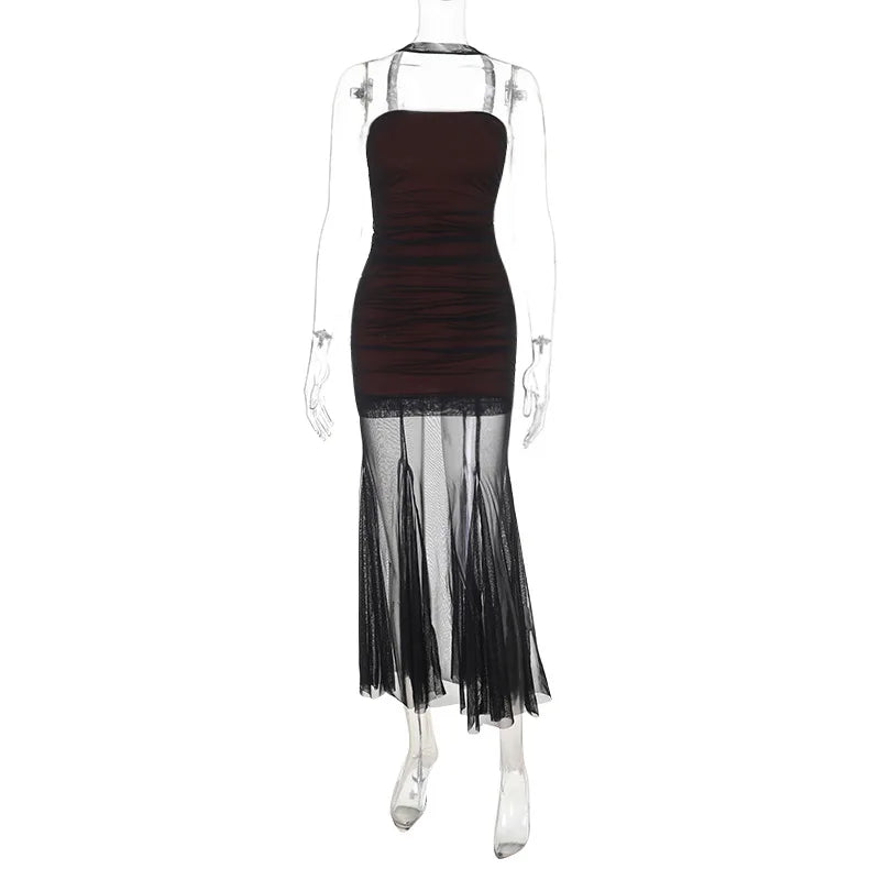 Goth Dark Women Elegant Fashion Partywear Mall Gothic Mesh Patchwork Trumpet Dresses Y2K Strapless Bodycon Dress Slim Vestido TechVisio