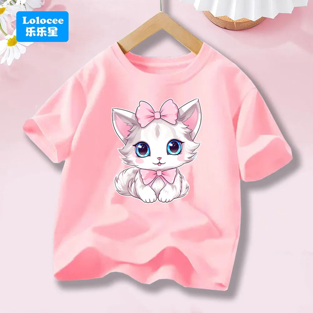 Cute Cat with Bow Print Girls T Shirt Kids Summer Short Sleeve Cotton T-shirt Kawaii Top Tee for Baby Girl 3-14y MM1 TechVisio
