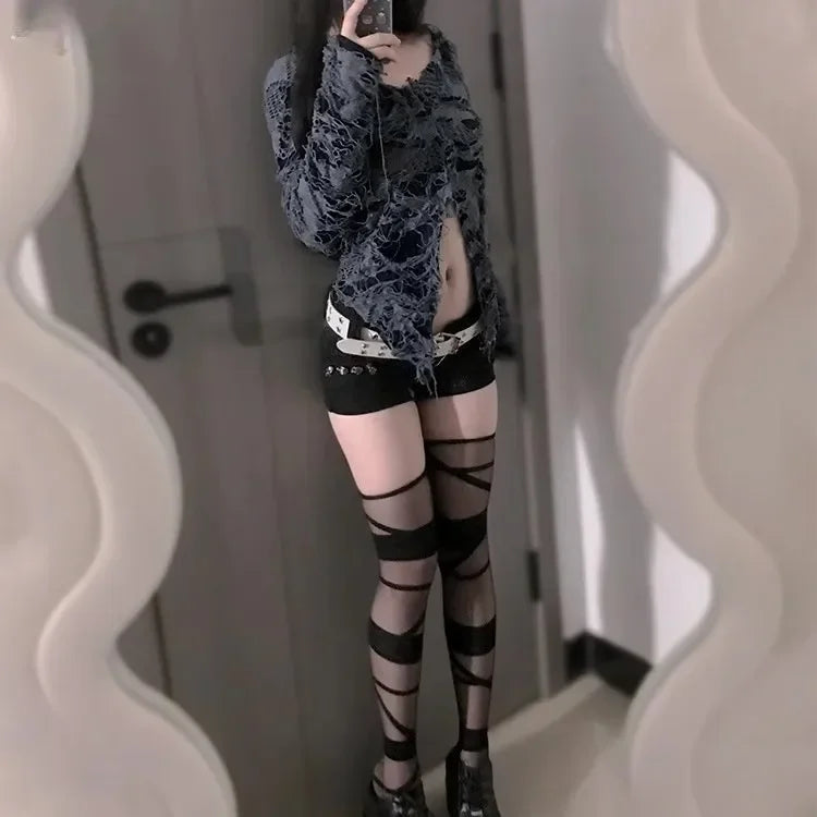 Punk Hollow Fishnet Stockings for Women Spider Web Torn Strap Holes Tights Girls Lolita Ragged Pantyhose Party Socks Pantyhose TechVisio