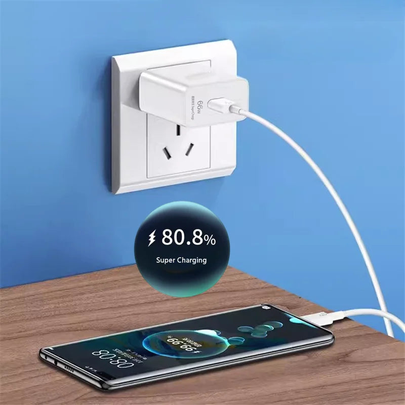 6A 66W Super Fast EU Wall Charger For Huawei Mate 40 50 60 P50 Nova 8 9 10 Honor 90 100 X7 X8 X9 Magic Type C Charging USB Cable TechVisio