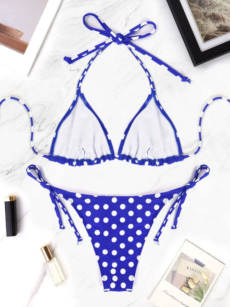 2 Pcs/Set Women's Beach Swimsuit Bikini Set Summer Blue And White Polka Dot Pattern Swimsuit Vacation Casual Lady's Bikini Set TechVisio
