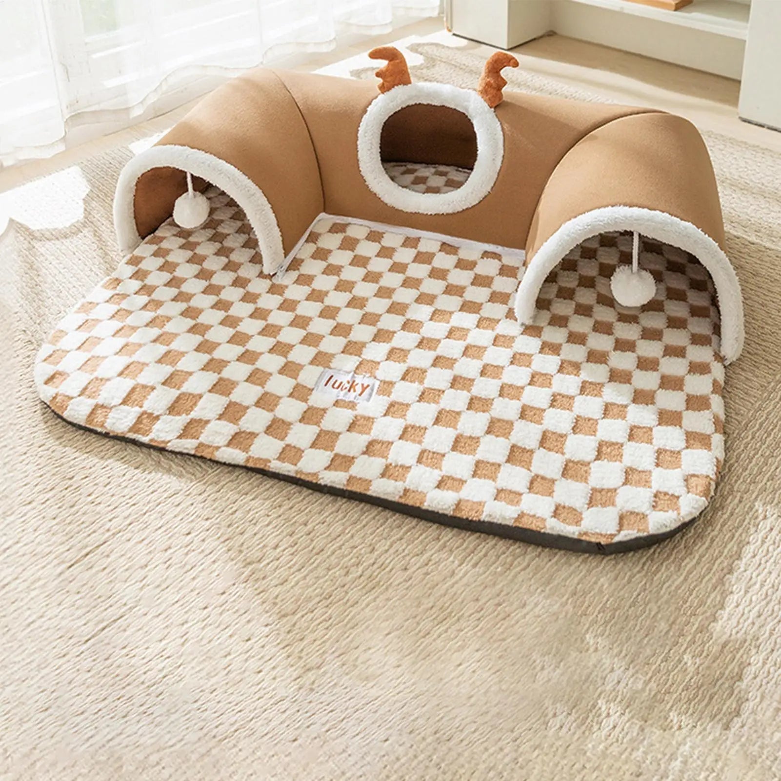 Cat Bed and Play Tunnel Warm House Tent with Plush Mat Indoor Hideaway Corner Shelter Foldable Pet Furniture for Kittens Cats TechVisio