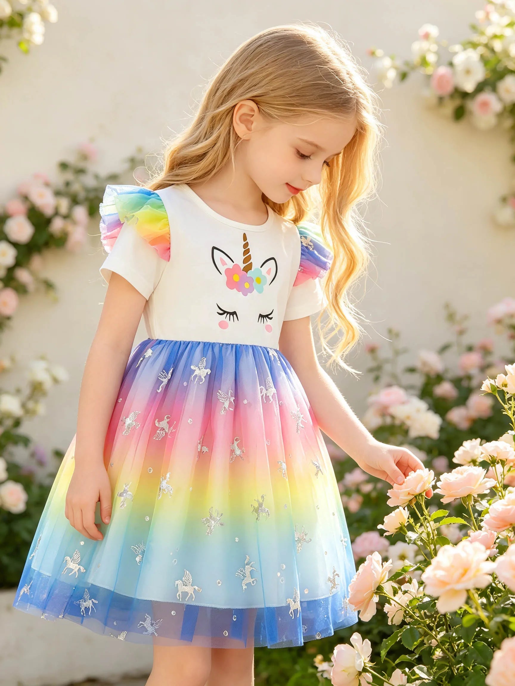 Girls' Dress with Flower, Closed-Eye Unicorn, Rainbow Flutter Sleeves, Gradient Colorful Pegasus Sequined Tulle Puffy Princess S TechVisio