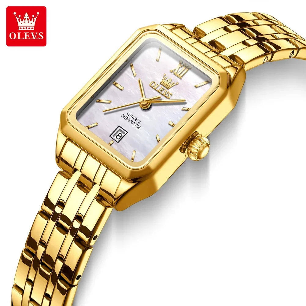 OLEVS Quartz Women's Watches Stainless Steel Square Small Gold Watch for Women Waterproof Auto Date Elegant Ladies Wristwatches TechVisio