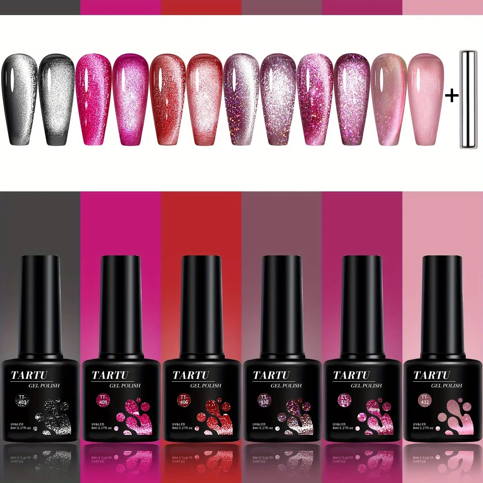 TARTU 6pcs 8ml Cat Eye Gel Nail Polish Set, 6 Colors Gel Polish Kit, Soak Off for Uv/Led, for Salon and Nail Art DIY At Home TechVisio