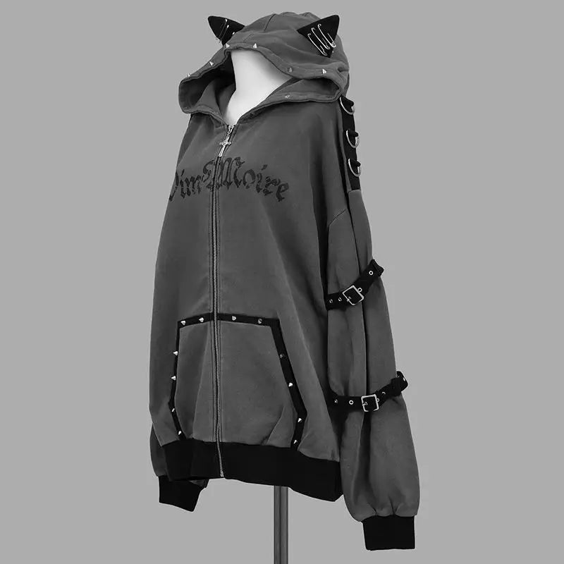 Y2K Women's Zip-Up Hooded Sweatshirt Streetwear Punk Rivet Design Casual Fashion Jacket TechVisio