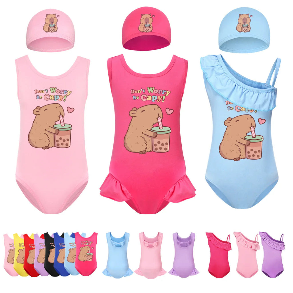 Cute Capybara Loves Bubble Tea Clothes Kids Summer Swimwear Baby Girls Once Piece Swimsuit & Cap Children Vacation Bikini suits TechVisio