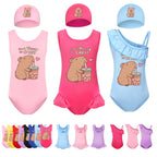Cute Capybara Loves Bubble Tea Clothes Kids Summer Swimwear Baby Girls Once Piece Swimsuit & Cap Children Vacation Bikini suits TechVisio