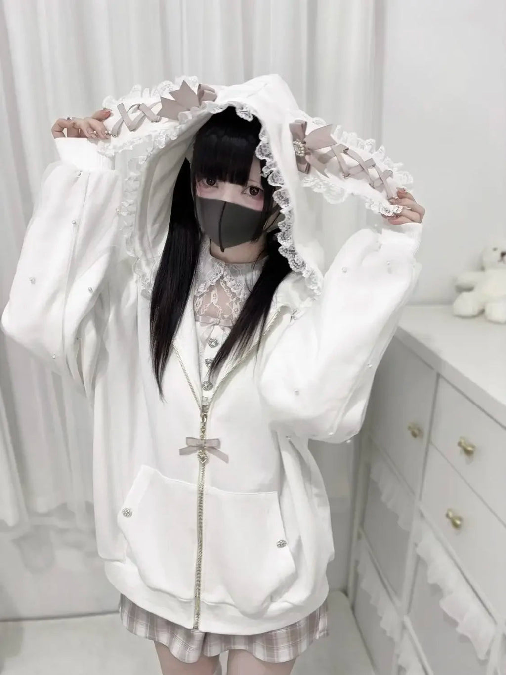 Japanese Pearl Gauze Patchwork Coats Women Y2k Aesthetic Lace Rabbit's Ears Jackets Casual Oversized Harajuku Kawaii Hoodies Top TechVisio