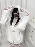 Japanese Pearl Gauze Patchwork Coats Women Y2k Aesthetic Lace Rabbit's Ears Jackets Casual Oversized Harajuku Kawaii Hoodies Top TechVisio