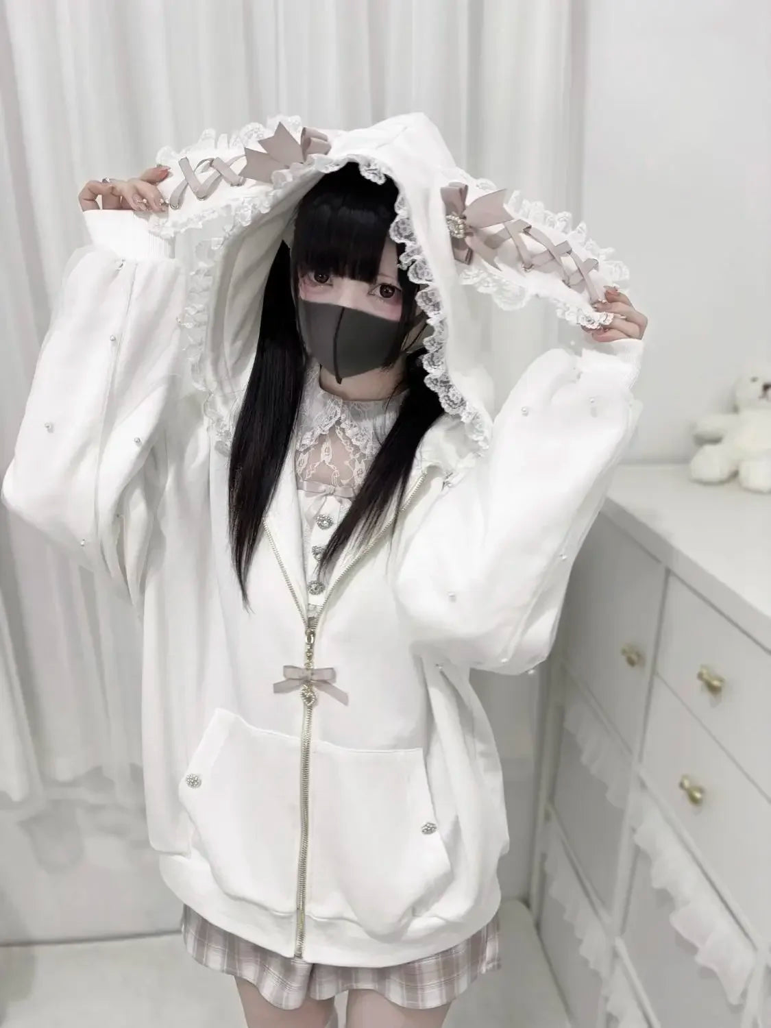Japanese Pearl Gauze Patchwork Coats Women Y2k Aesthetic Lace Rabbit's Ears Jackets Casual Oversized Harajuku Kawaii Hoodies Top TechVisio
