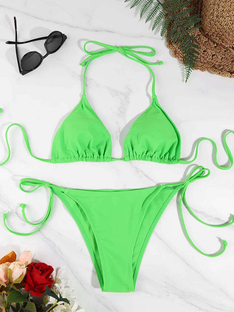 2 Pc Sexy Women Thong Solid Color Bikini Set Side Halter Tie Swimsuit Ladies Split Strap Adjustable Brazilian Swimwear Beachwear TechVisio