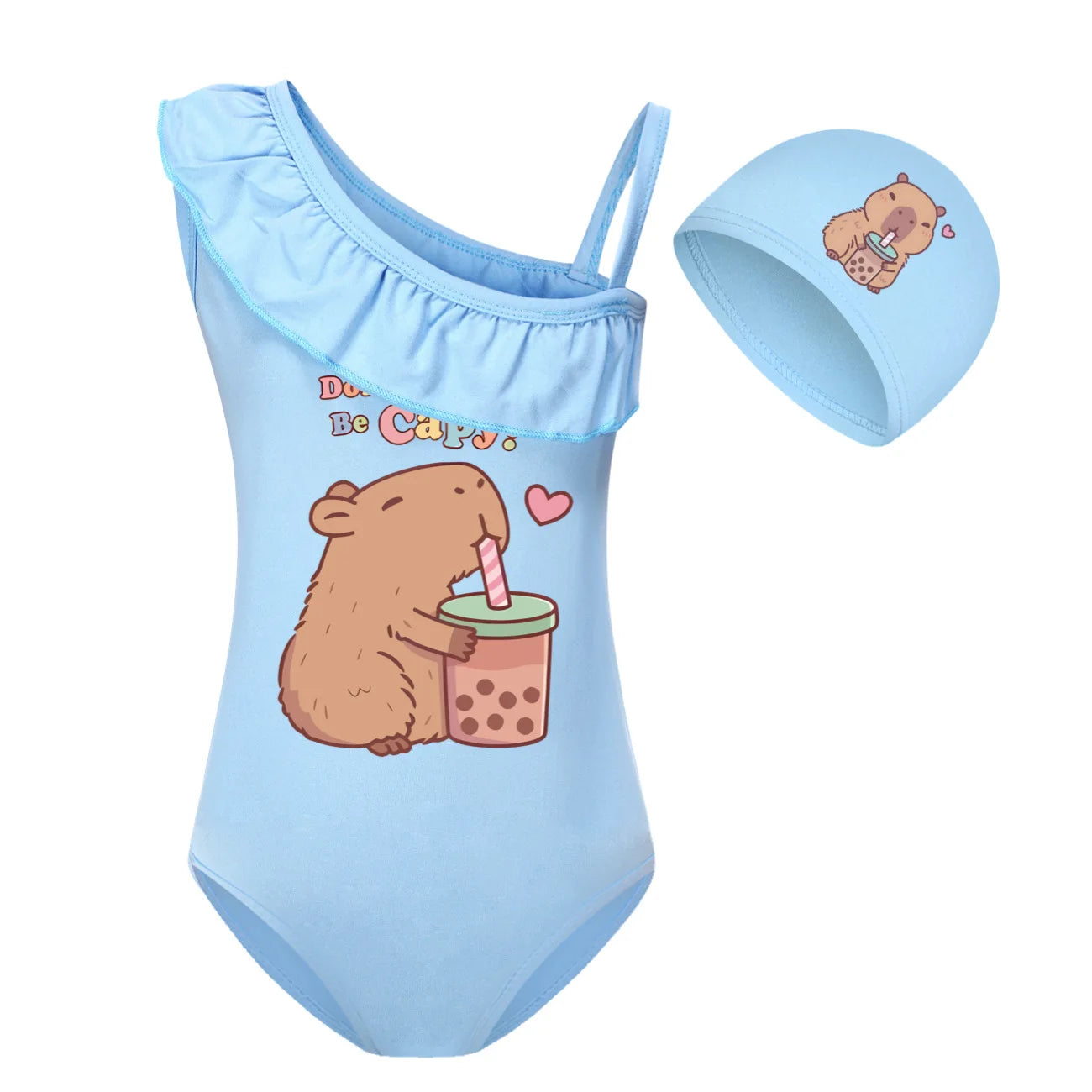 Cute Capybara Loves Bubble Tea Clothes Kids Summer Swimwear Baby Girls Once Piece Swimsuit & Cap Children Vacation Bikini suits TechVisio