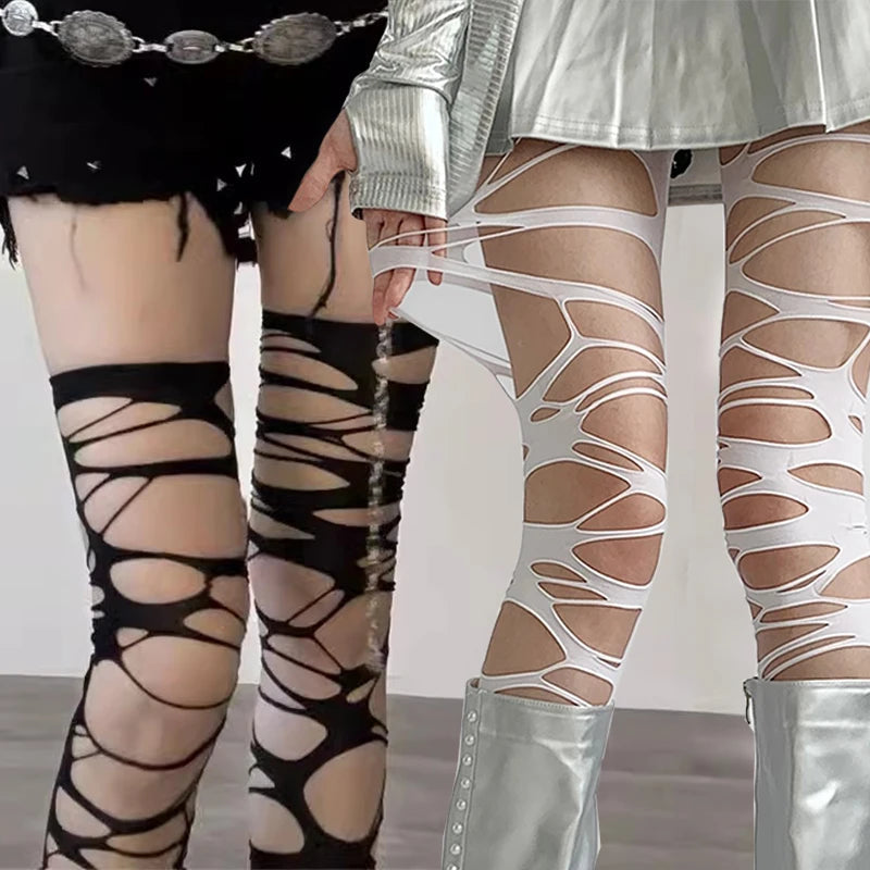 Punk Hollow Fishnet Stockings for Women Spider Web Torn Strap Holes Tights Girls Lolita Ragged Pantyhose Party Socks Pantyhose TechVisio