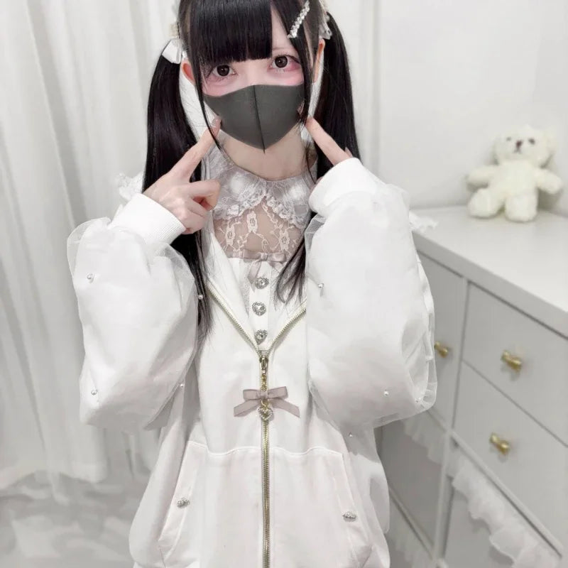 Japanese Pearl Gauze Patchwork Coats Women Y2k Aesthetic Lace Rabbit's Ears Jackets Casual Oversized Harajuku Kawaii Hoodies Top TechVisio