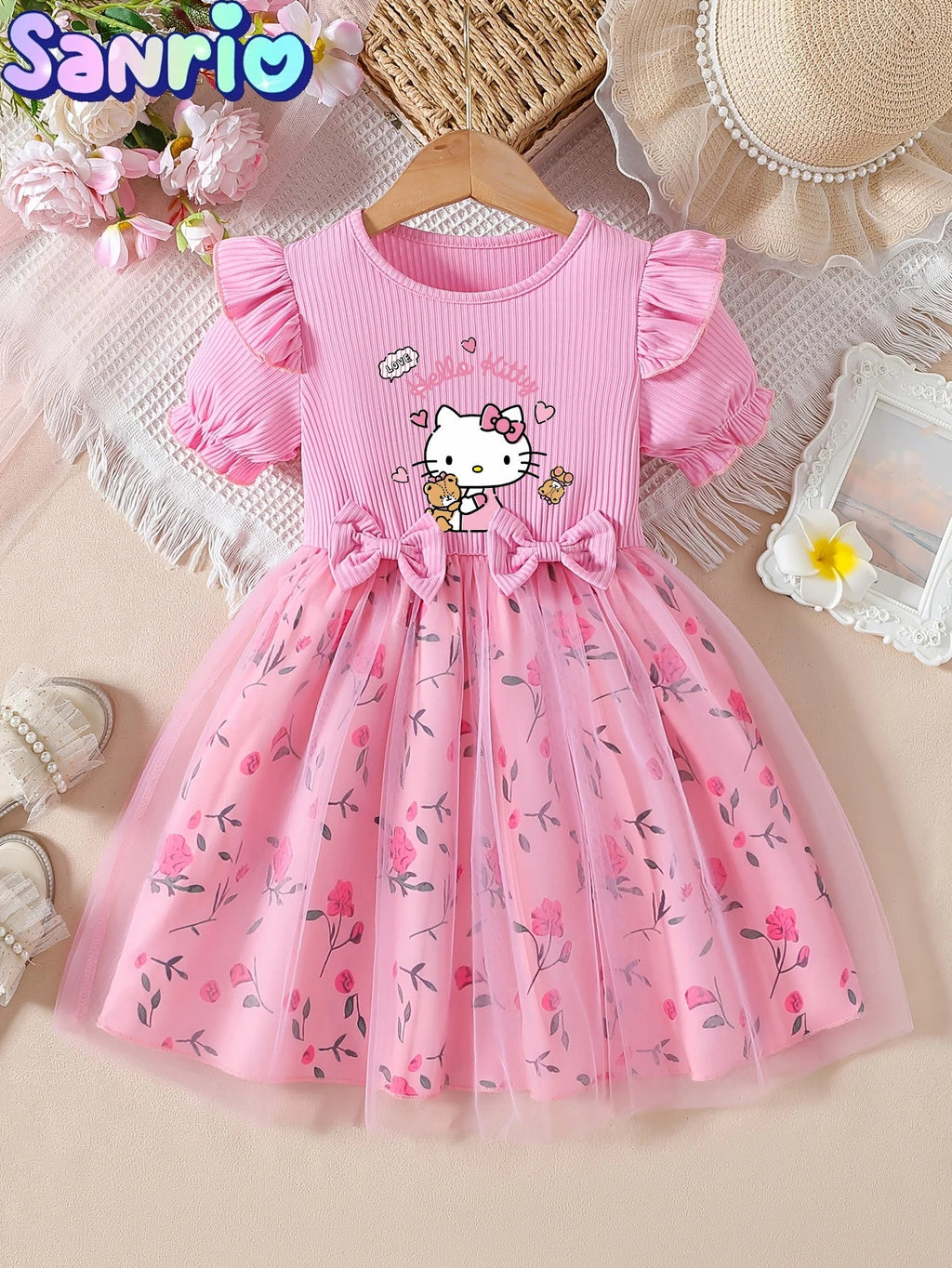 Hello Kitty Princess Kids Outfit, European & American Style Girls' Dress, Pink Rose Tulle Princess Dress TechVisio