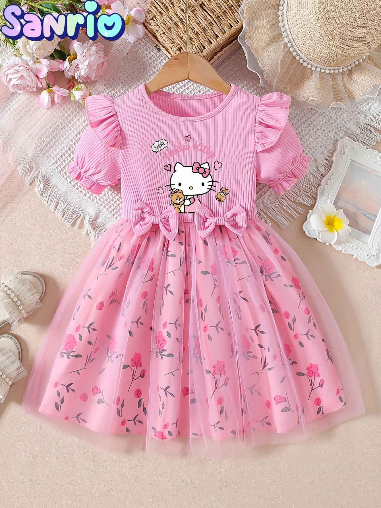 Hello Kitty Princess Kids Outfit, European & American Style Girls' Dress, Pink Rose Tulle Princess Dress TechVisio