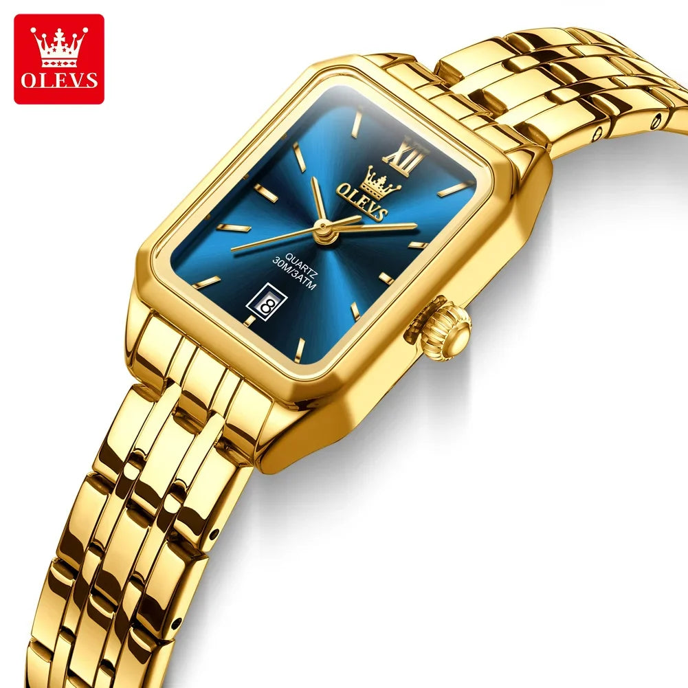 OLEVS Quartz Women's Watches Stainless Steel Square Small Gold Watch for Women Waterproof Auto Date Elegant Ladies Wristwatches TechVisio